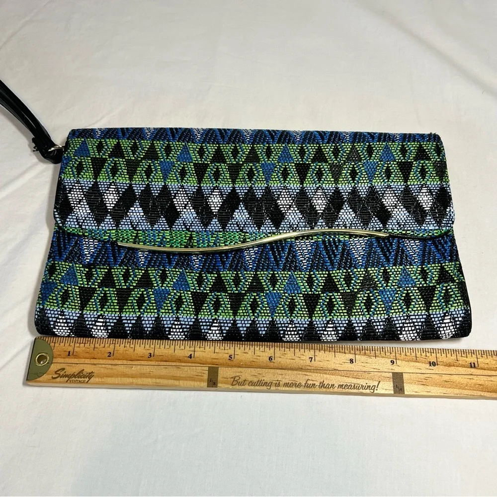 Woven Clutch Bag Wristlet Blue/Green/Black‎ Geometric Abstract Pattern